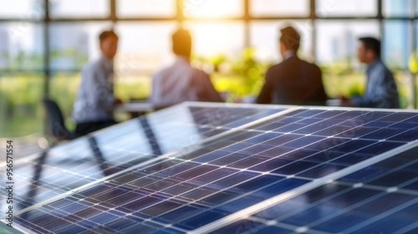 Obraz Businessman providing a consultation on solar panels for a team of coworkers or customers during a meeting in the office.