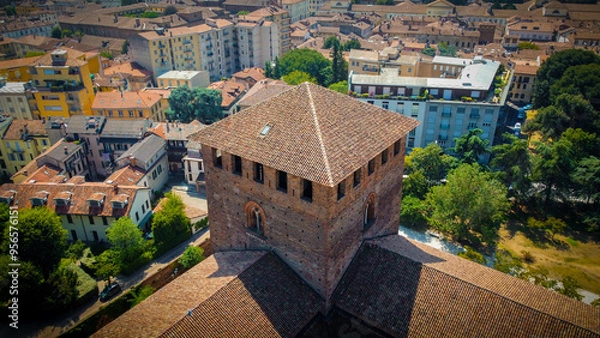 Obraz Tower of the Visconti castle of Pavia seen from a drone. famous monument and historical cultural heritage located in the city of Pavia, Italy.