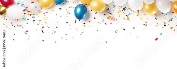 Obraz Festive balloons with ribbons and scattered confetti over white, representing celebration or party
