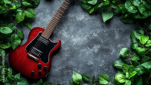 Fototapeta Guitar lying on a dark background close-up
