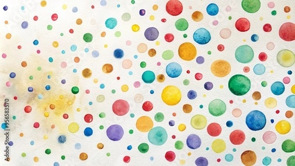 Fototapeta Whimsical, hand-painted, colorful dots in various sizes, with subtle texture and minor imperfections, scattered randomly on a clean white background.