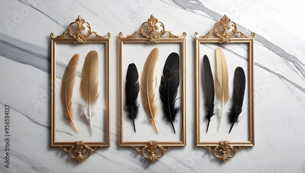 Fototapeta Feather set in 3 frames in gold and black on marble background