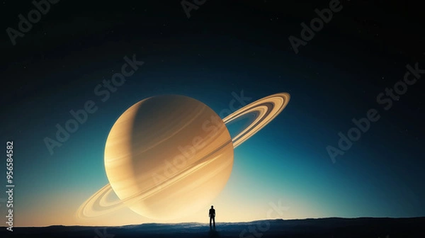 Fototapeta a human silhouette in the foreground standing with a gigantic Saturn and its iconic rings in the background