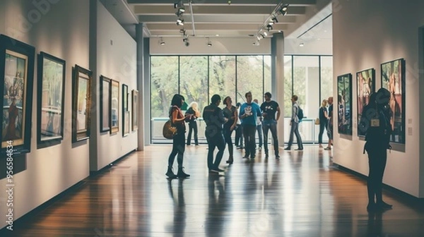 Fototapeta A group of people walk through an art gallery.