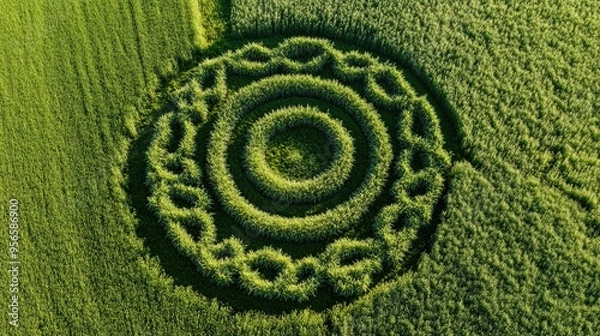 Fototapeta A crop circle pattern icon, symbolizing agricultural innovation, on a green field background.