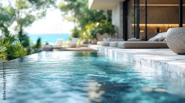 Fototapeta elegant poolside scene with a pristine white marble table in the foreground blurred luxury lounge chairs and shimmering blue water create a sophisticated backdrop for product display