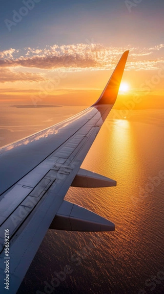 Fototapeta A plane wing is seen with the sun reflecting off the water below