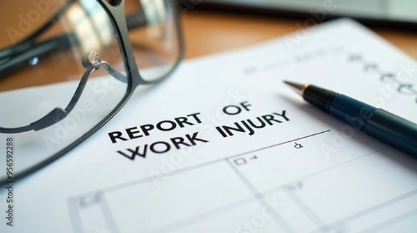 Fototapeta Work injury report form with pen and glasses on desk