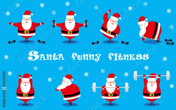 Fototapeta Vector set design elements funny Santa Claus different character does morning exercises with dumbbells and barbell isolated on blue background