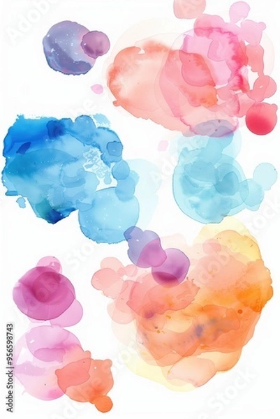Fototapeta Colorful watercolor paints blend beautifully on a white background, creating abstract shapes in vibrant hues of blue, pink, orange, yellow, and red