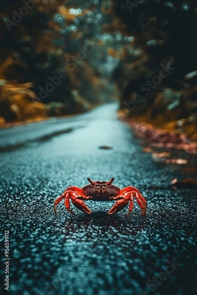 Fototapeta A Red Crab Facing Forward on a Wet Road