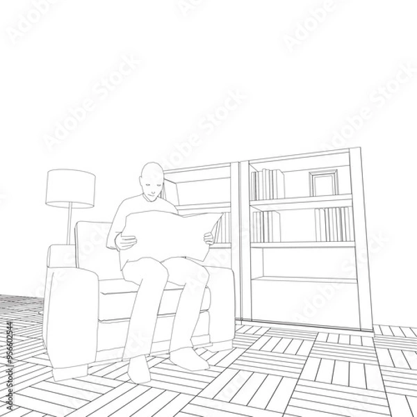 Fototapeta Outline of man sitting in armchair and reading newspaper in room with lamp and bookcase with books made of black lines isolated on white background. Vector illustration.