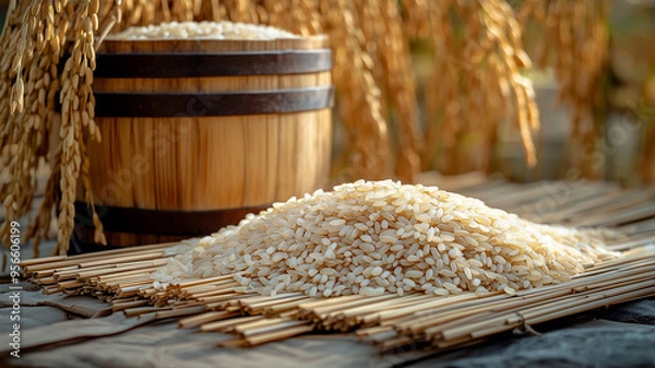 Fototapeta 日本の新米と伝統的な米生産