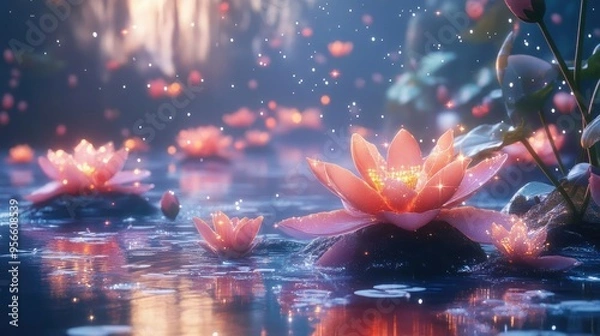 Fototapeta Celestial garden, with floating islands, starry skies, and luminescent flowers, fantasy environment, 3D illustration