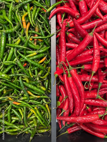 Fototapeta View of a shelf with different types of hot, spicy red and green peppers in a store. Cayenne, chili and jalapeno.