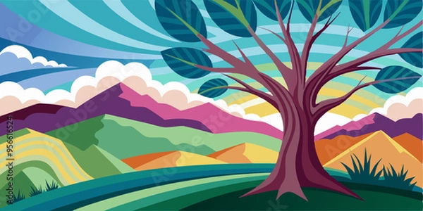 Fototapeta A Tree Standing Tall in a Mountainous Landscape