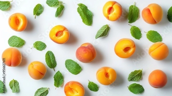 Obraz A vibrant arrangement of apricots and mint leaves on a light background.