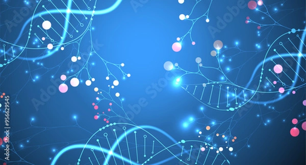 Fototapeta Scientific medical background with abstract image of dna molecule and tree branches. Neon glow effects and gradient. Hand drawn vector illustration.