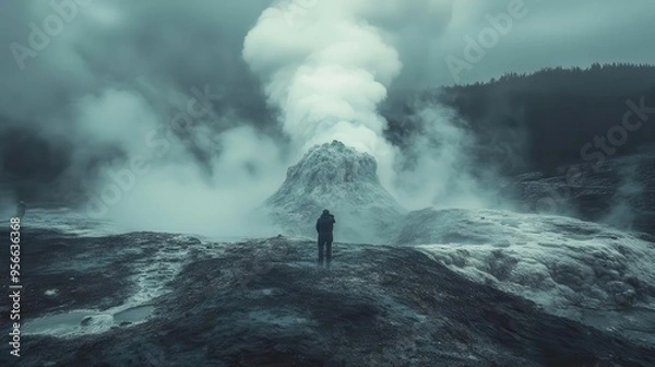 Fototapeta geyser spectacle awestruck tourist observing powerful eruption from safe viewing platform dramatic lighting sense of natural wonder and geological forces at work