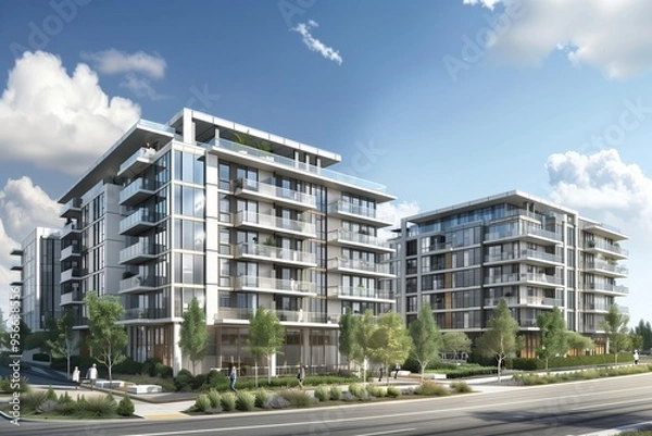 Obraz An architectural rendering of two modern apartment buildings side by side