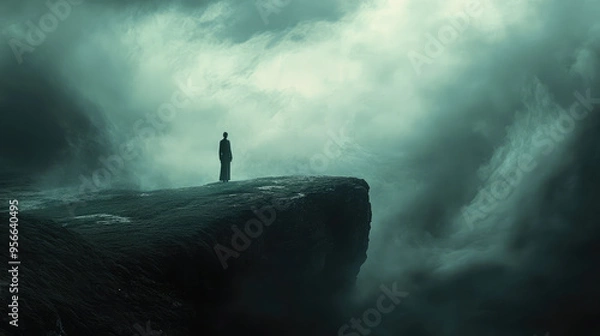 Fototapeta A ghostly figure standing on a cliff edge, with swirling fog and dark clouds above.