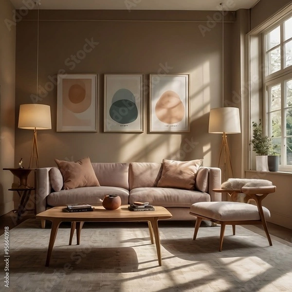 Obraz mockup frame  of a living room with a wall featuring three tables
