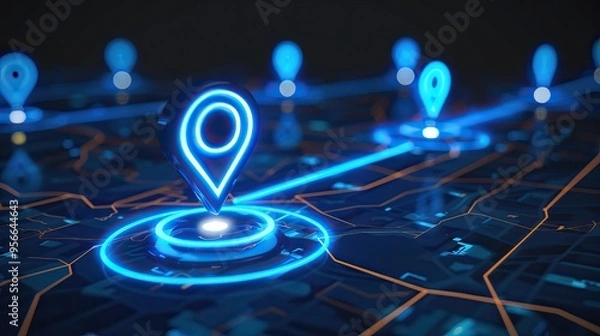 Obraz Abstract Neon Map with Location Pin