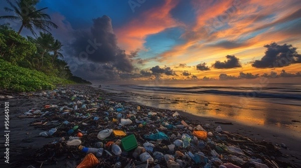Fototapeta Pollution on the Beach at Sunset
