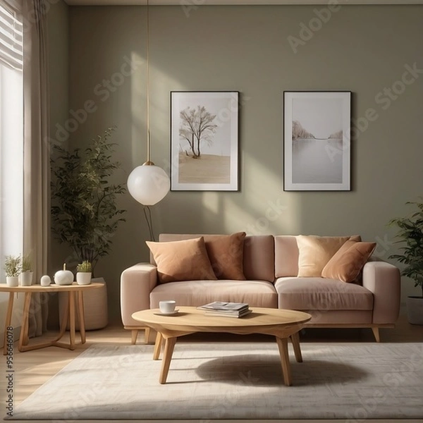 Obraz mockup frame  of a living room with a wall featuring three tables