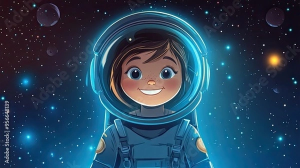 Fototapeta Happy little girl astronaut in space wearing helmet and astronaut suit, cartoon illustration. Kid cosmonaut, universe cosmos galaxy exploration adventure. 