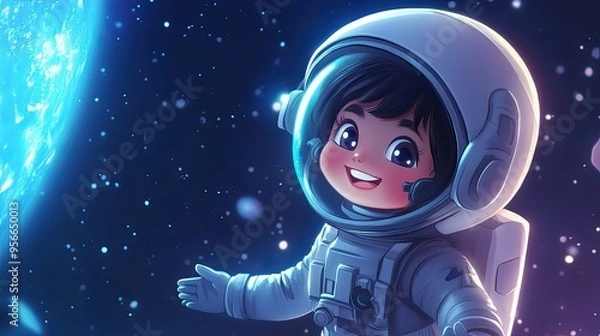 Fototapeta Happy little girl astronaut in space wearing helmet and astronaut suit, cartoon illustration. Kid cosmonaut, universe cosmos galaxy exploration adventure. 