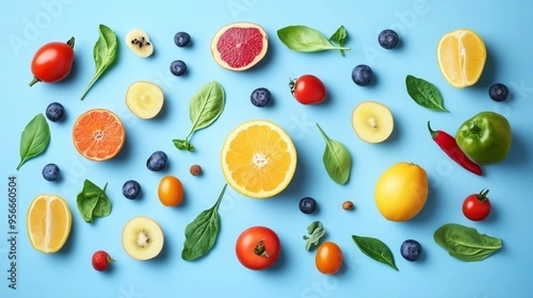 Fototapeta Colorful arrangement of fresh fruits and vegetables on a blue background capturing vibrant health and natural goodness