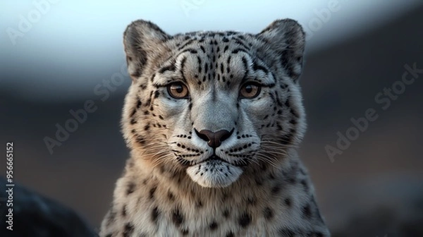 Fototapeta A close-up of a majestic snow leopard displaying its striking features and stunning coat, showcasing the beauty of wildlife.