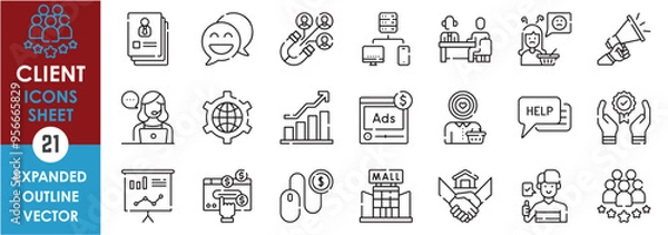 Fototapeta A set of line icons related to Client. Customer, consumer, goods, sale, buy, pay, cash, digital, advertisement, help, discuss, strategy, attract, and so on. Vector outline icons set.