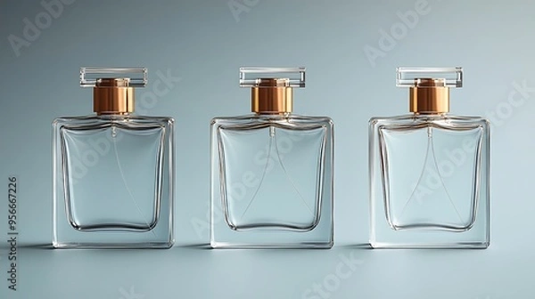 Fototapeta Three clear glass perfume bottles with gold caps, arranged on a light blue background.