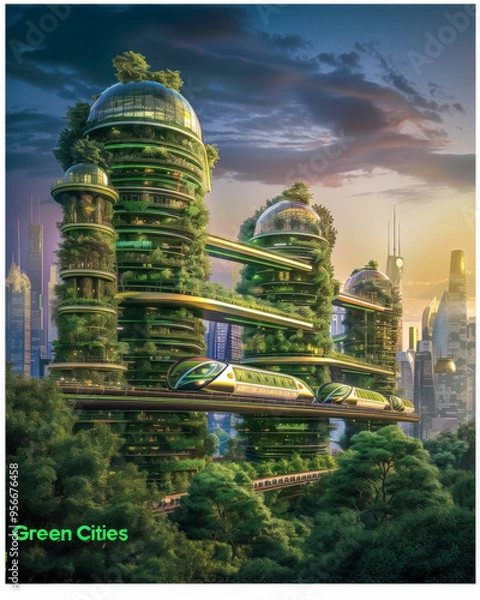 Fototapeta Advanced Green Urban Living with Sky Trains