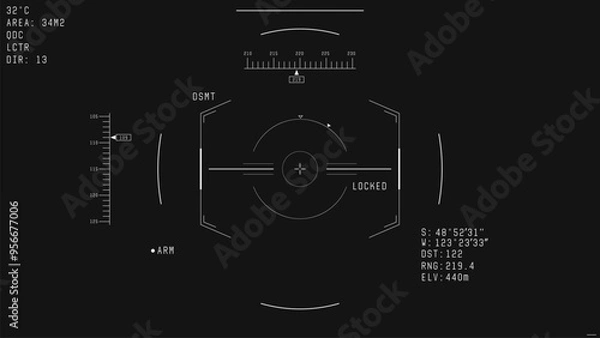 Fototapeta War drone camera viewfinder overlay. Template for military drone cam rec. Camera frame vector template. White lines Ui on black background. Fantasy combat drone UI frame for games and video, photo.