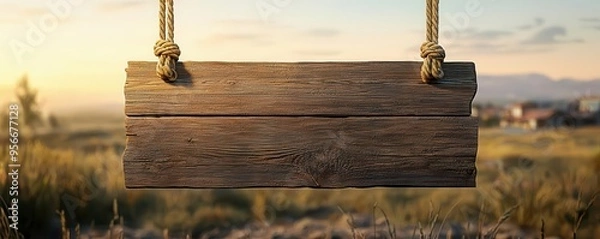 Fototapeta Rustic saloon sign mockup, wooden plank with rope hanging, western town backdrop, blank space for text, 3D illustration