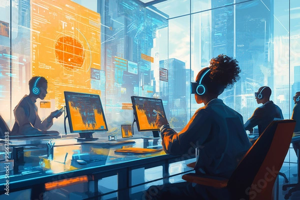 Obraz 未来のオフィス：テクノロジーとリモートワークが融合するハイテク空間