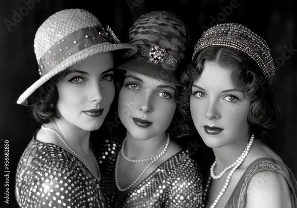Fototapeta A black-and-white portrait of three elegant women from the 1920s, showcasing their glamorous fashion with cloche hats, pearls, and sequined dresses, epitomizing the vintage style of the Jazz Age.