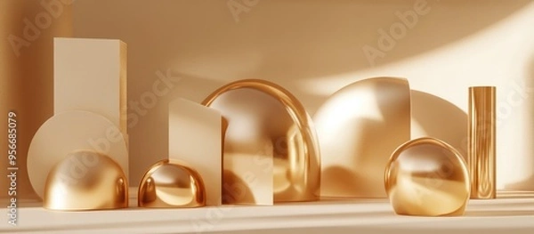 Obraz Composition featuring smooth rounded shapes in champagne hues for product showcasing 3D rendering