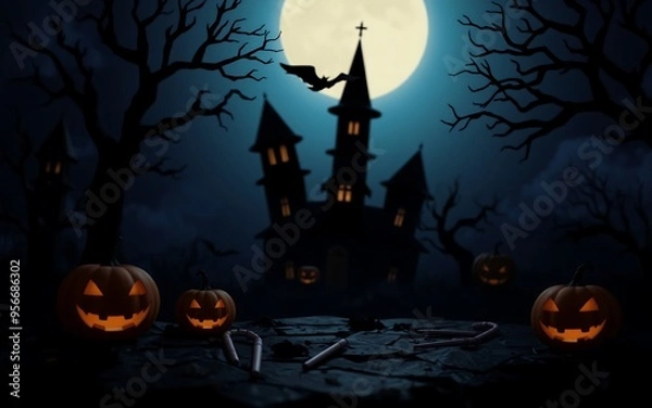 Fototapeta A spooky Halloween scene with a dark silhouette of a haunted house and glowing orange pumpkins under a full moon. 
