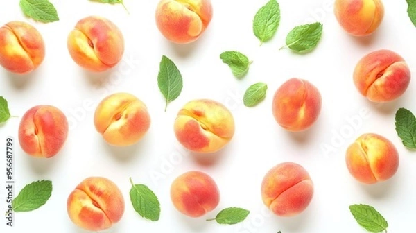 Fototapeta A flat lay of fresh peaches surrounded by mint leaves on a white background.