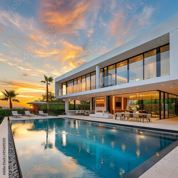 Fototapeta Luxury home with modern pool at sunrise, contemporary villa architecture, resort style hotel with beautiful interior and exterior design, backyard view,