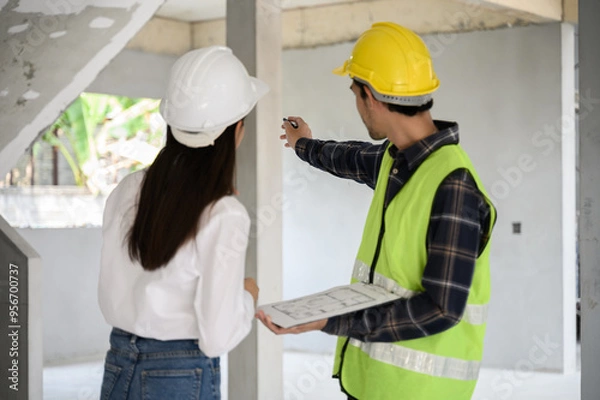Fototapeta Female civil engineer with personal safety equipment check and consult with construction site foreman technician for inspect building construct process during follow up process. Engineering concept.