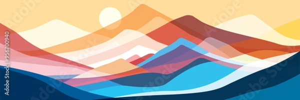 Obraz Mountains flat color illustration. Abstract simple landscape. Colorful multiply translucent glass hills. Multicolored abstract shapes. Vector design art