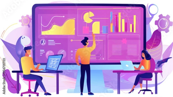 Fototapeta Three professionals engage in a meeting, examining visual data on a large screen in a contemporary workspace