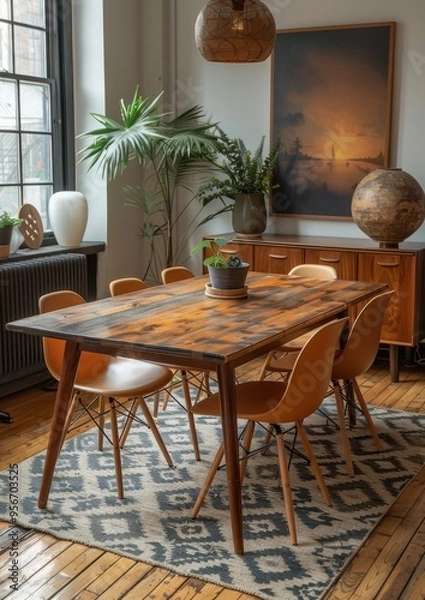 Fototapeta Mid-Century Modern Dining Room A dining room with a teak wood table, Eames chairs, and a geometric rug. Add a sideboard with vintage decor and a large abstract painting on the wall