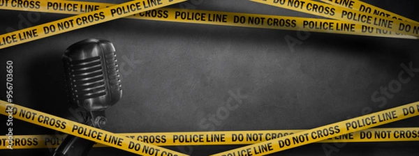 Fototapeta true crime podcast banner background. yellow police line - do not cross and vintage microphone on dark concrete background with copy space