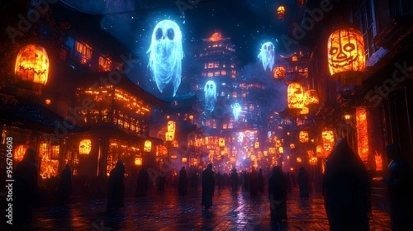 Obraz A 3D scene of a crowded square during a Halloween festival at night, with people in creepy, high-tech masks and costumes. The square is lit by hanging lanterns and projections of digital ghosts on